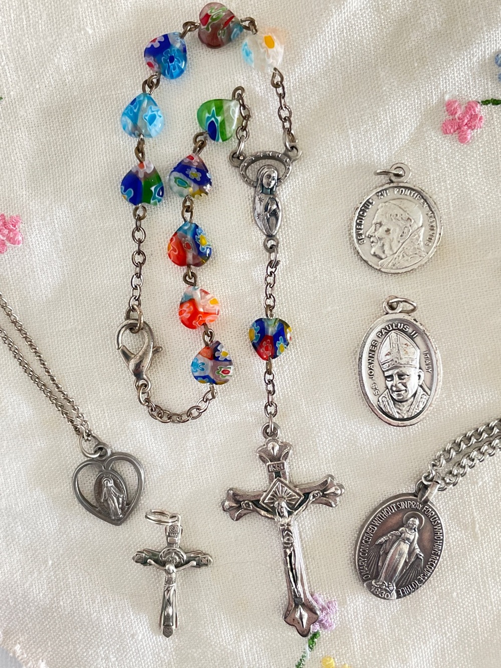 Vintage Catholic Lot: Millefiori Rosary Bracelet, Silver Crucifix, Papal Medals